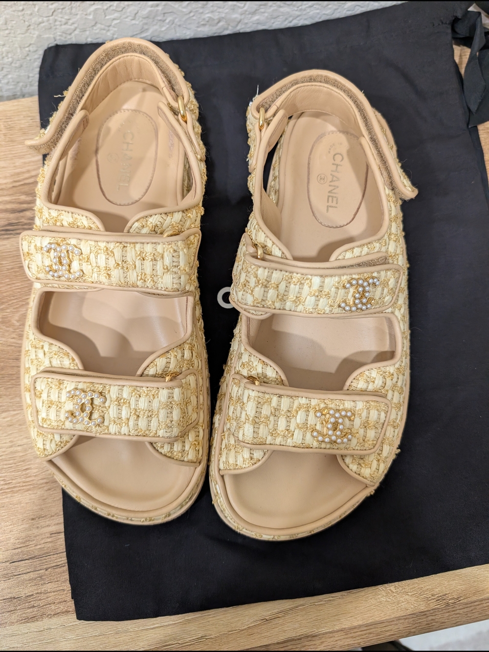 CHANEL Cream Tweed Pearl-Embellished Espadrille Sandals